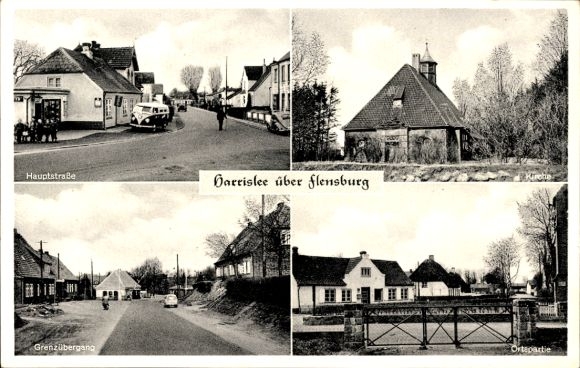 Ak Harrislee in Schleswig Holstein, Hauptstraße, Grenzübergang, Kirche, Toreinfahrt