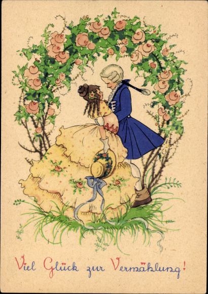 Artist Postcard Congratulations on your wedding, couple in historical costumes, rose arch