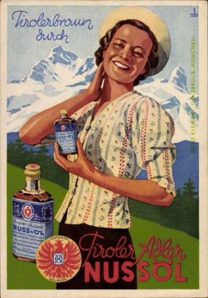 Postcard advertising, Tyrolean brown by Tyrolean Eagle nut oil, skin oil