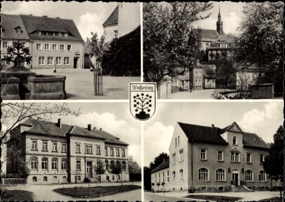 Ak Weißenberg in Sachsen, Vierteilige Ansicht von Gebäuden, Wappen von Weißenberg, Schwarz-Weiß-F
