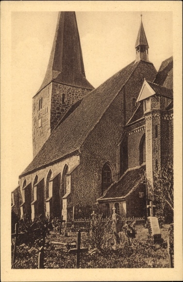 Postcard Petersdorf Insel Fehmarn, church, cemetery