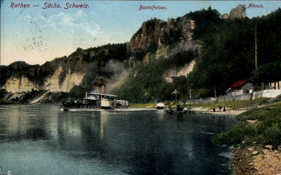 Ak Rathen an der Elbe Sächsische Schweiz, Schiffsanleger, Basteifelsen, Flusslandschaft, Bergland