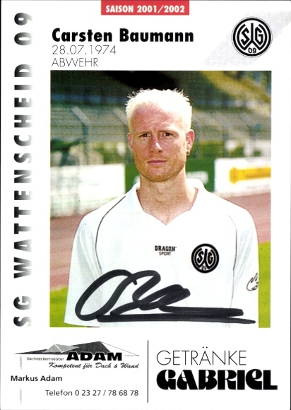 Autograph card footballer Carsten Baumann, SG Wattenscheid 09, autograph