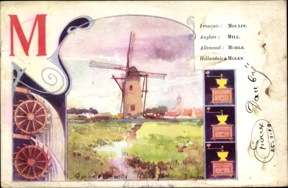 Art Nouveau Letters Artysta KP Titz, Louis, M, Windmühle, Kaffeemühle, Moulin