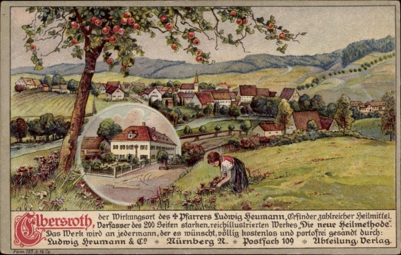 Chromo-Litho Elbersroth Herrieden in Middle Franconia, view of the place, girl picks flowers