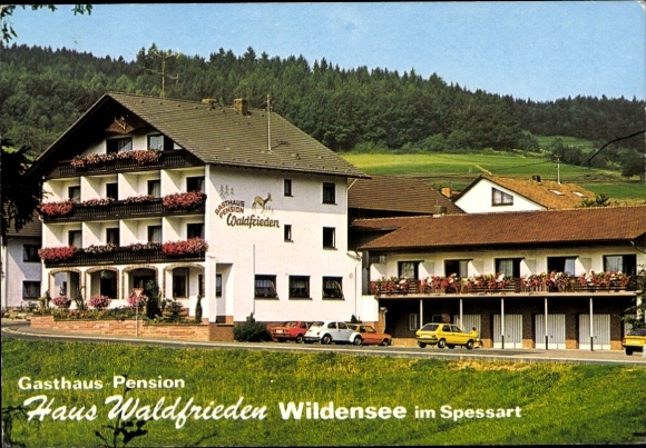 Postcard Wildensee Eschau im Spessart, Gasthaus Waldfrieden, cars, exterior view, balconies