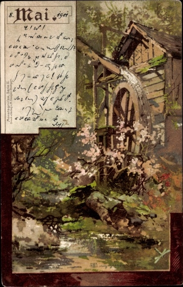 Artist Chromo-Litho Guggenberger, Allegory, May, Waterwheel, Spring, Watermill
