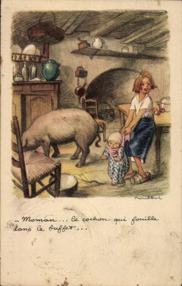 Kunstenaarskaart Poulbot, Francisque, kinderen en varken in een keuken