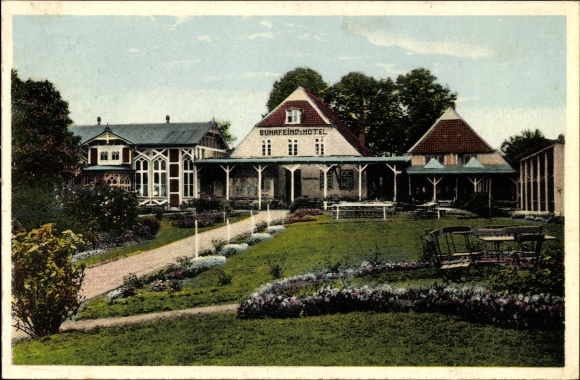 Postcard Krautsand Drochtersen in the district of Stade, Buhrfeinds Hotel, exterior view from the garden