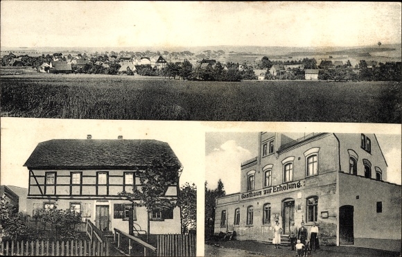 Postcard Reichenbach Callenberg in Saxony, panorama, inn for relaxation, Ernst Schramm commercial building