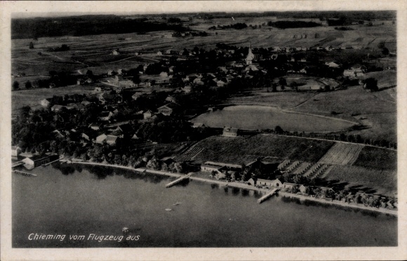 Postcard Chieming am Chiemsee Upper Bavaria, aerial view of lake landscape, fields, small buildings