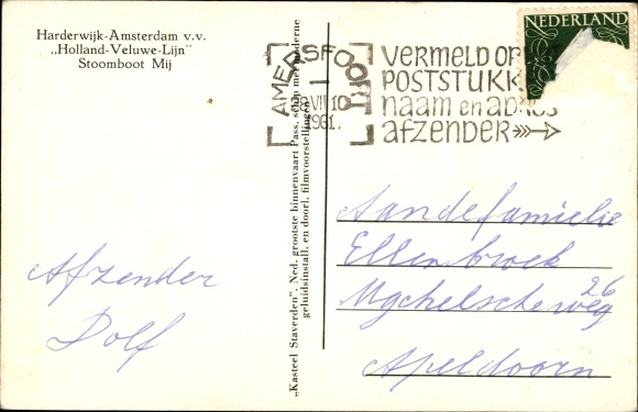 Postcard Harderwijk Amsterdam Holland Veluwe Line, Steamboat Mine