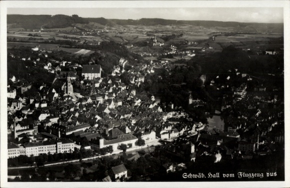 Postcard Schwäbisch Hall in Württemberg, aerial view of old architecture, no people, river