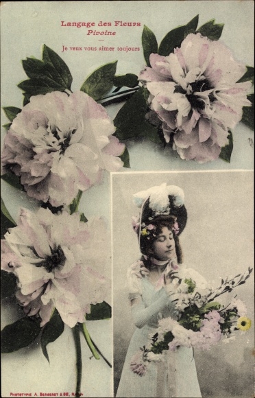Postcard Langage des Fleurs, Blumensprache, Peony, I want to love you always