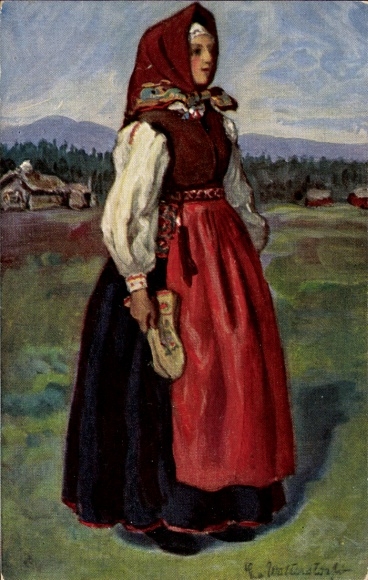 Artist Postcard Värmland, woman in Swedish costume