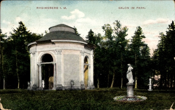 Postcard Rheinsberg in der Mark, architecture, salon in the park, trees, statues, park landscape