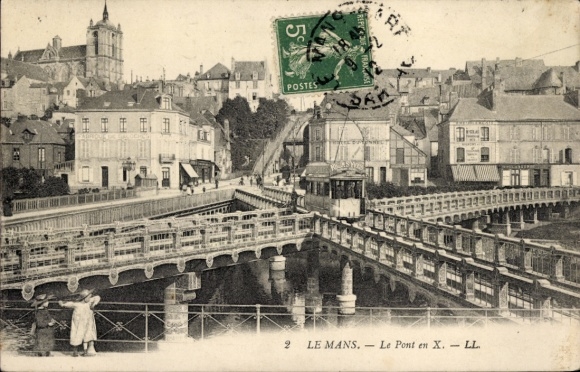 KP Le Mans Sarthe, most, domy, stempel pocztowy, zielony znaczek