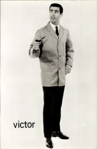 Postcard advertising, man in coat, Victor, HNE