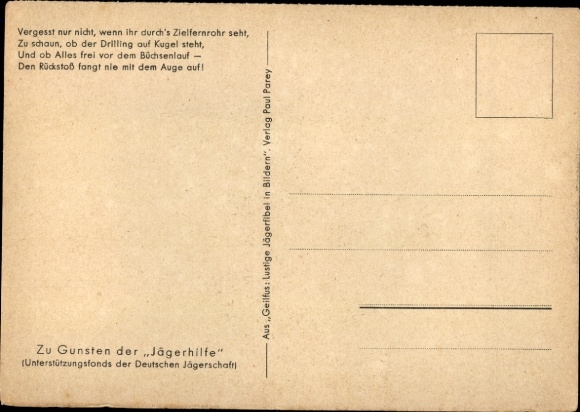 Artist Postcard Geilfus, H., rifle scope dangers, a little flower blooms in blue, funny hunter's primer