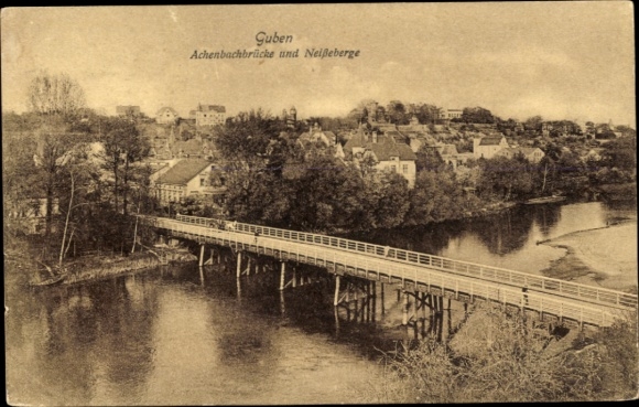 Postcard Guben Lower Lusatia East Brandenburg, Achenbach Bridge and Neisse Mountains