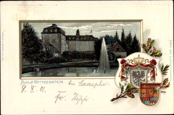 Wapenschild Passepartout Ansichtkaart Bad Laasphe in Westfalen, kasteel Wittgenstein