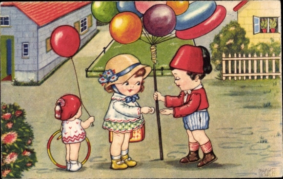 Artist Postcard Boriss, M., Girl buys balloons, hula-hop, Amag 0304