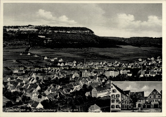 Postcard Spaichingen in Württemberg, city view Dreifaltigkeitsberg, Hotel Obwald, aerial view