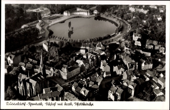 Ak Düsseldorf Benrath, Schloß mit kath. Pfarrkirche, Fliegeraufnahme