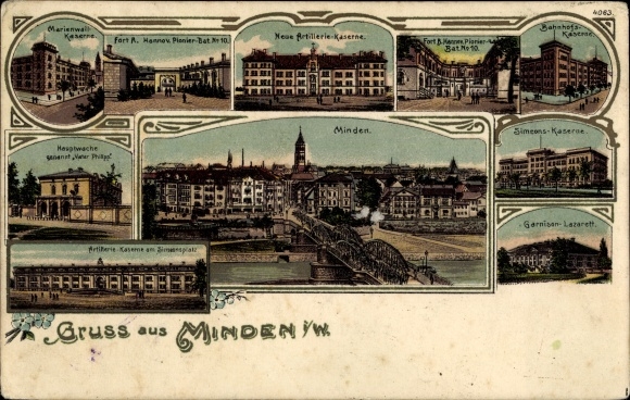 Chromo-Litho Minden in Westphalia, Marienwall barracks, new artillery barracks, main guard, Simeon&#39;s barracks