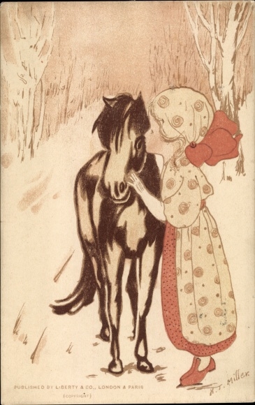 Artist Postcard Miller, HT, girl and pony, winter, snow, forest