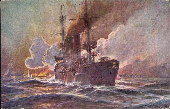 Artist Postcard Stöwer, Willy, SMS Emden bombards Madras, cruiser, Imperial Navy, I. WK