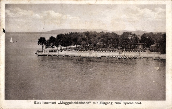 Ak Berlin Köpenick Friedrichshagen, Müggelschlößchen, Spreetunnel, See, Bäume, Schwimmbäder