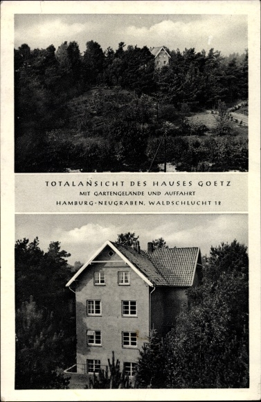 Postcard Hamburg Neugraben Fischbek, Haus Goetz with gardens and driveway, Waldschlucht 12