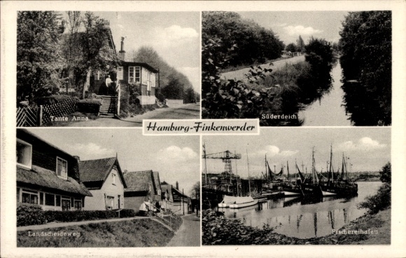 Postcard Hamburg Mitte Finkenwerder, Landscheideweg, fishing port, Aunt Anna, Süderdeich