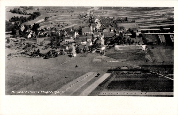 Postcard Mimbach Blieskastel, aerial photograph, Gasthaus Metzgerei