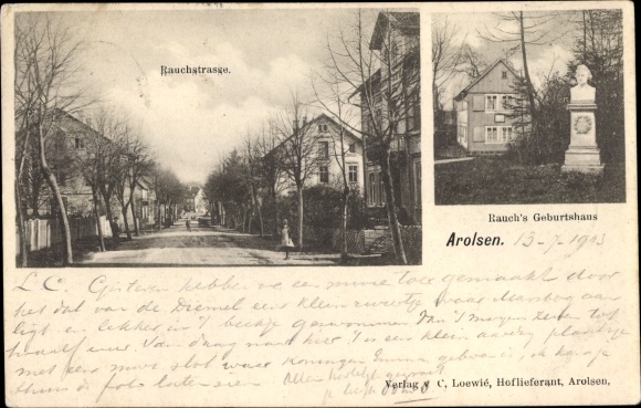 Postcard Bad Arolsen in Hessen, Rauchstrasse, Rauch&#39;s birthplace, bust