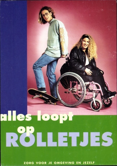 Postcard story Netherlands, woman in wheelchair, man with skateboard