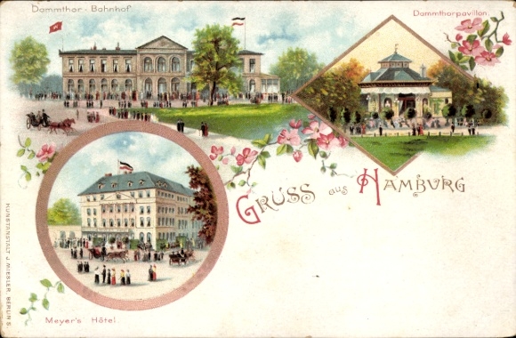 Chromo-Litho Hamburg Eimsbüttel Rotherbaum, Dammtorbahnhof, Dammtorpavillon, Meyers Hotel