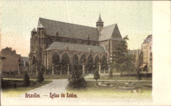 Postcard Bruxelles Brussels, Église du Sablon, church, park, trees