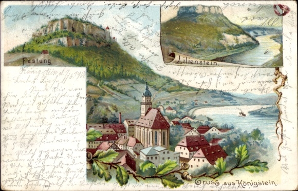Litho Königstein an der Elbe Sächsische Schweiz, Festung Königstein, Lilienstein