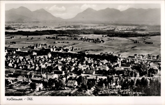 Postcard Kolbermoor in Upper Bavaria, landscape, mountains in the background, city view, black and white photography