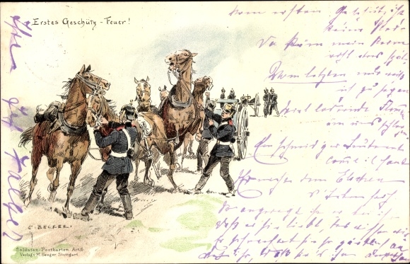 Kunstenaar litho Becker, Carl, First Gun, Fire, Soldiers with their Horses