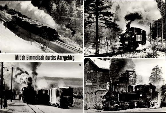 Postcard steam locomotives in the Ore Mountains, Hammerunterwiesenthal, Niederschmiedeberg, Steinbach, Kretscham