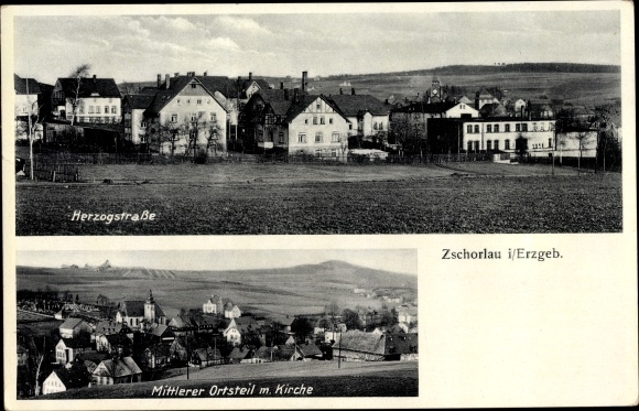 Postcard Zschorlau Erzgebirge, middle district, church, Herzogstraße