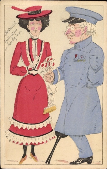 Artist Postcard One-legged veteran and elegant lady