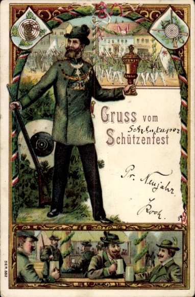 Postcard Schützenfest, target, shooter with trophy