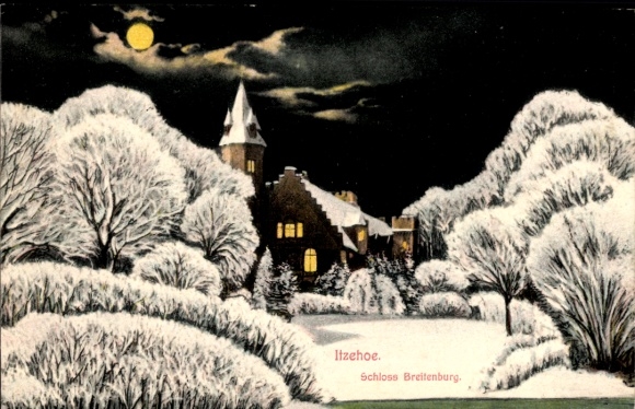 Postcard Breitenburg near Itzehoe in Holstein, Breitenburg Castle, winter, night, full moon