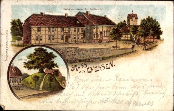 Chromo-Litho Evessen am Elm, Gasthof zum schwarzen Ross, Linde