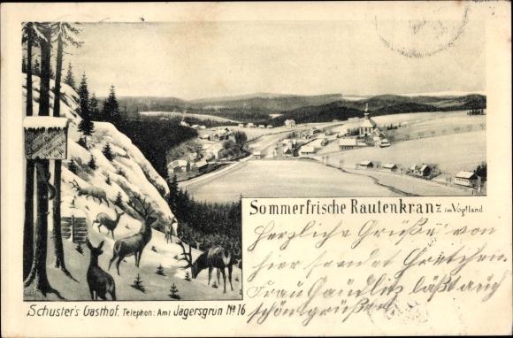 Kunstenaar Ak Morgenröthe Rautenkranz Muldenhammer in Vogtland, herberg Schuster, wintergezicht