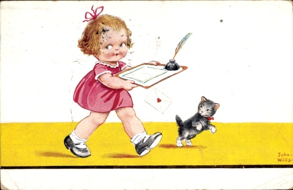 Artist Postcard Wills, John, Here you have ink and paper, now write to me, girl with cat, letter